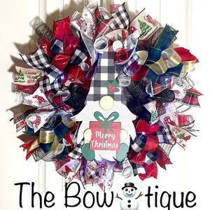 Handmade Merry Christmas Gnome Holiday Ribbon Door Wreath 22 ins W46